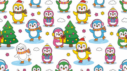 Fototapeta premium Cute Cartoon Penguins Ice Skating and Holding Gifts in Festive Winter Outfits, Christmas Trees and Clouds, Festive Seamless Pattern