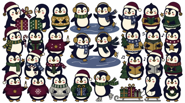Cute Cartoon Penguins Celebrating Christmas, Ice Skating, Singing Carols, Opening Gifts and Decorating, Flat Vector Illustration with Festive Holiday Elements