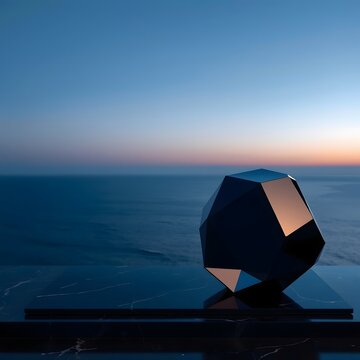 Minimalist dark metallic polyhedron sculpture on luxury marble terrace at sunset