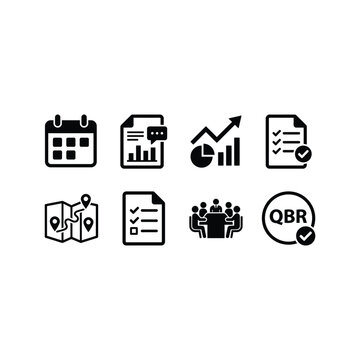 Business icons illustrate various office tasks and planning tools on a desk