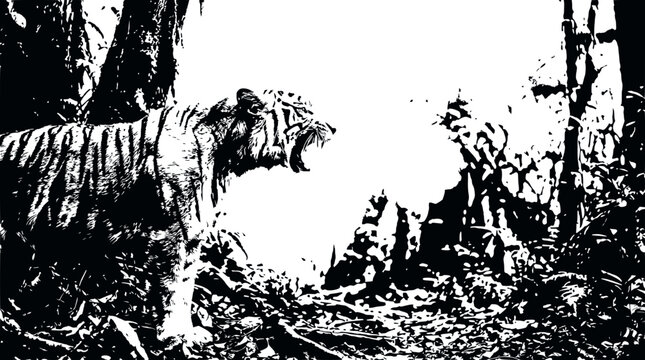 Fierce Tiger Roaring in Dense Jungle