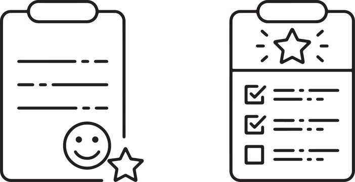 Art & Illustration, User experience linear icons showcasing a digital document with a happy face and a completed checklist report. Ideal for customer satisfaction feedback forms.