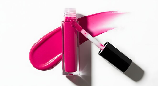 Vibrant pink lip gloss container with applicator revealing glossy liquid and a smooth swipe of shimmering color artistry on a bright surface perfect for beauty and cosmetic advertising
