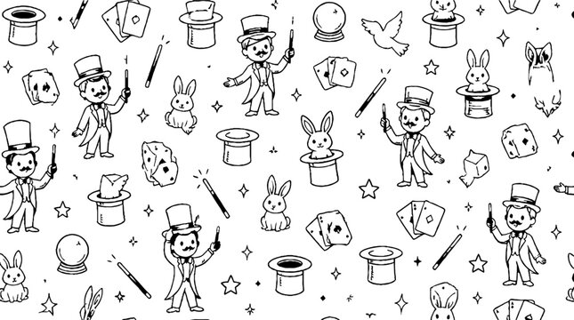 Whimsical magic show illustration with rabbits and hats.
