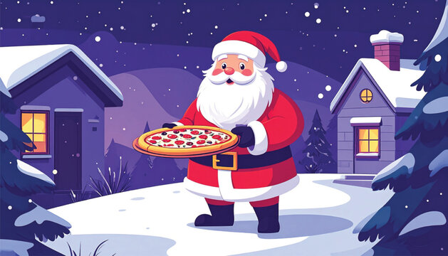 Santa Claus Holding a Pizza.