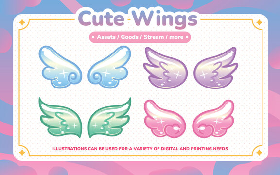 Cute pastel anime wing illustration set featuring colorful fantasy wings. Ideal for VTuber assets, game UI, stream overlays, character accessories, stickers, mascots, branding, and kawaii design