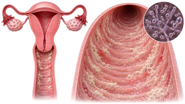 Vaginal Yeast Infection Candida Albicans with Female Reproductive Anatomy and Vaginal Candidiasis Medical Illustration