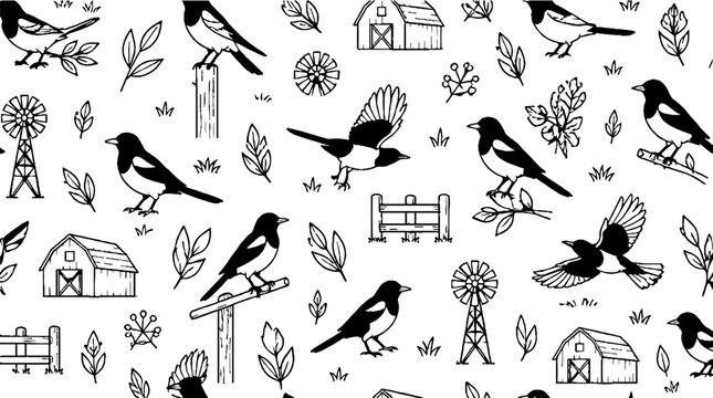 Black and white magpie and farm elements pattern.