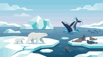 Polar bear in icy sea and ocean landscape with boat, waves, snow and mountains, winter nature illustration in blue sky, travel wildlife vector scene © Rizky