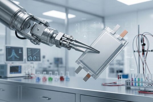 Advanced robotic arm manipulating a solid-state battery cell in an R&D laboratory