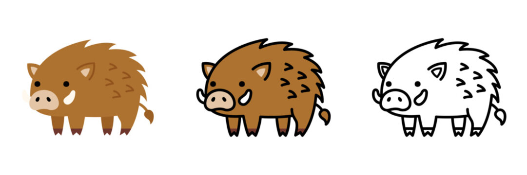 イノシシのイラストセット ポップでかわいい動物