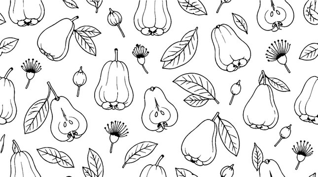 Hand drawn pear and guava illustration with leaves and flowers.