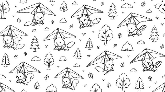 Whimsical flying squirrels with parachutes in forest scene.