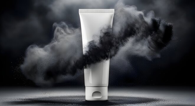 Cosmetic tube packaging with swirling dark smoke creating a dramatic effect for skincare products presenting a clean container for beauty formulations conveying a sense of mystery and power