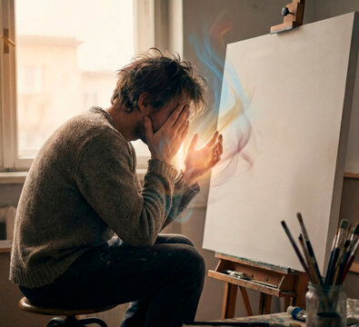 Thoughtful artist sketching on canvas with glowing digital light, harmony between human imagination and technology concept [copy space]