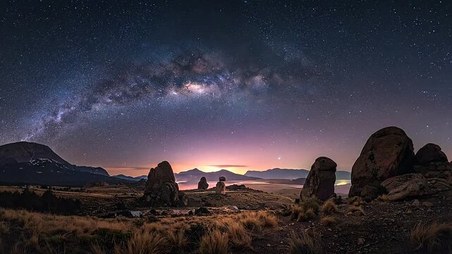 Stunning Milky Way arching over a rugged mountain landscape at night