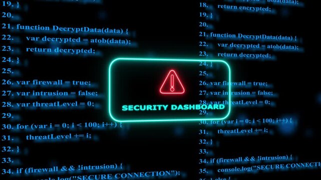 Cybersecurity dashboard interface with glowing warning and scrolling program code background, data protection