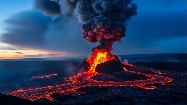 Explosive volcanic eruption spewing molten lava in cinematic motion video
