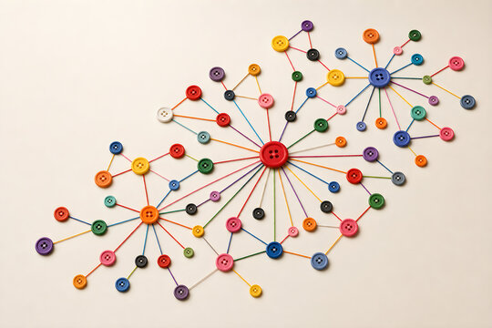 A gene regulatory network, colourful buttons linked by lines of embroidery floss into a branching map