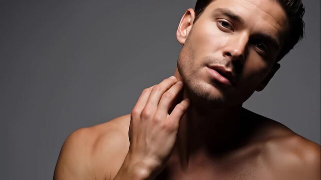 Handsome muscular man posing for cinematic portrait video animation clip
