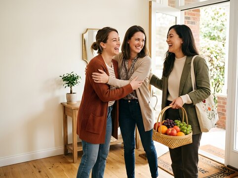 Happy women friends hugging and greeting guest holding fruit basket at front door of cozy home