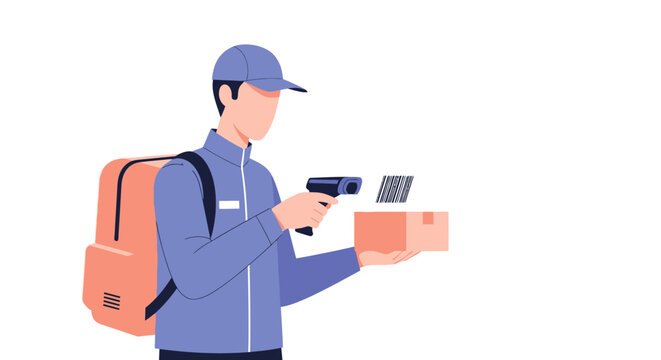 Delivery person scanning package with barcode scanner and backpack.