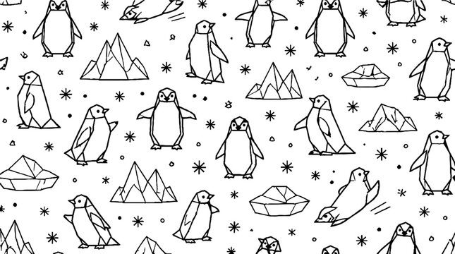 Playful penguins and icy mountains pattern design.