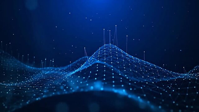 Abstract blue digital wave with glowing data points and network connections