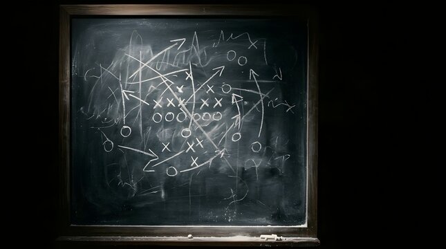 Chalk diagram on a dark blackboard, illustrating intricate strategic planning, tactical problem-solving, and complex organizational concepts crucial for dynamic execution and success