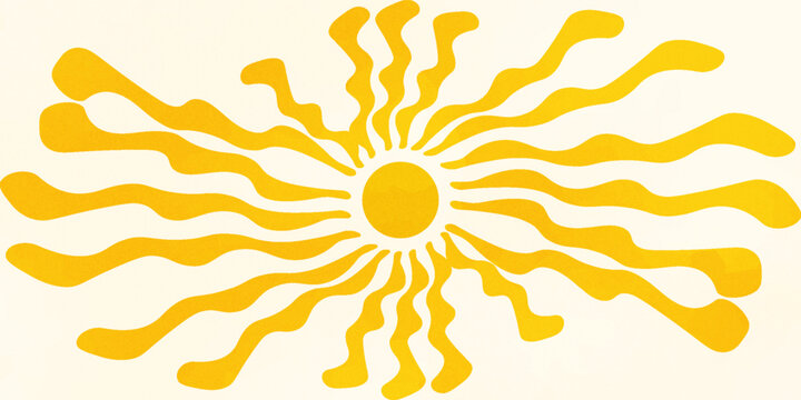 Sun groovy retro horizontal background. Sun burst hippie banner with vintage grainy texture, hand drawn abstract wavy pattern in 60s, 70s. Modern Matisse style summer vector illustration