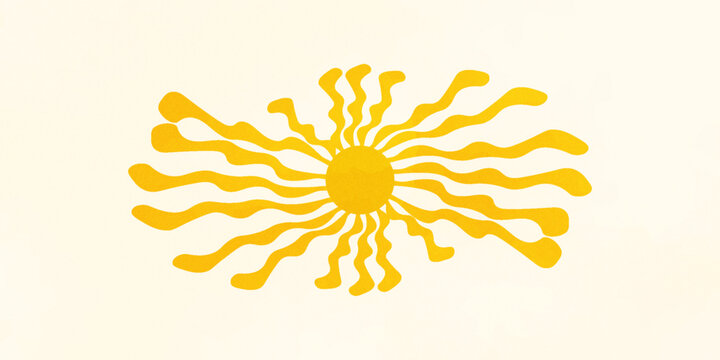 Sun groovy retro horizontal background. Sun burst hippie banner with vintage grainy texture, hand drawn abstract wavy pattern in 60s, 70s. Modern Matisse style summer vector illustration