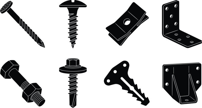 Black Silhouette Set of Screws Bolts Brackets and Construction Fastener Hardware Icons