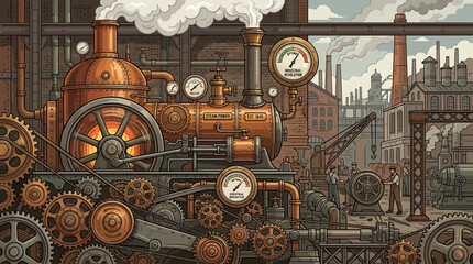 Vintage Old Steam Locomotive Engine on Railway Tracks, Industrial Metal Train Machine with Wheels, Retro Steel Railroad Transportation Technology Equipment © Rizky