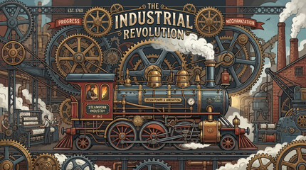 Vintage steam locomotive passing through old European town with historic church clock tower, antique architecture, metal gears and industrial steam engine details © Rizky