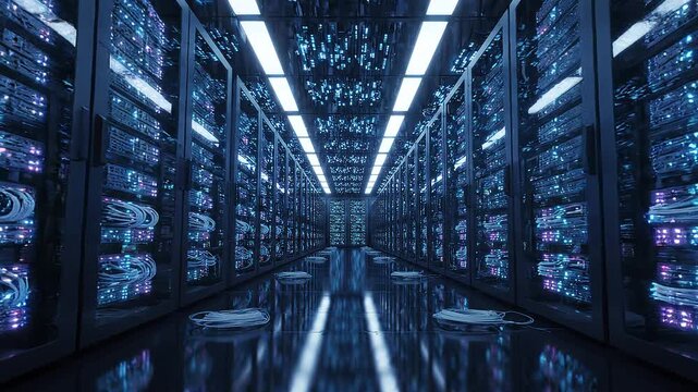 A futuristic data center with rows of server racks illuminated in blue lights stretches into the distance, representing technology and industry.