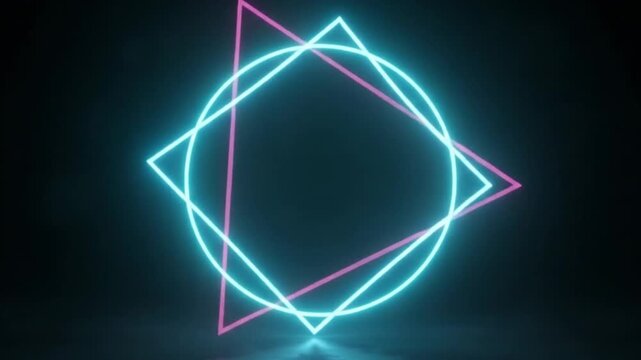 Neon glowing triangle and circle shapes on dark background