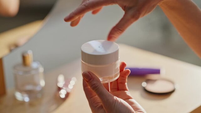 Hands open face cream jar home closeup. Unknown woman opening moisturizer