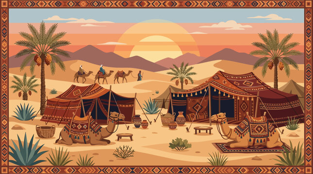 Camel silhouette in Egyptian desert at sunset, sandy dunes and oasis with palm trees, ocean horizon and tropical beach landscape, summer travel nature vector illustration