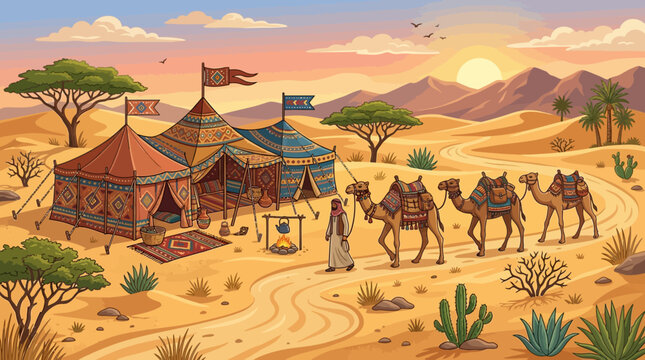 Desert oasis landscape with camel silhouette at sunset, sand dunes and mountains, vector illustration of nature travel scene with warm yellow orange sky