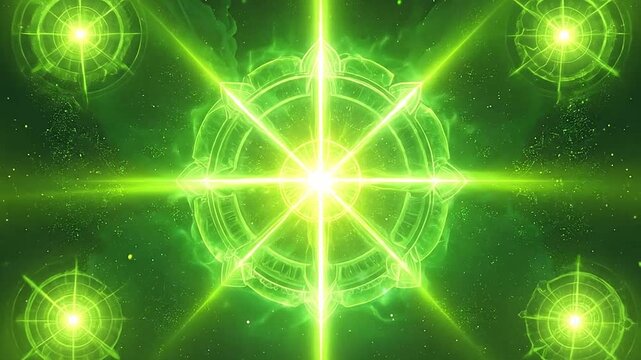 Mystical green glowing mandalas floating in a cosmic nebula space