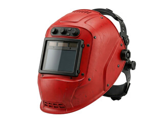 Naklejka premium A red welding helmet, a piece of safety equipment, is shown in a studio shot against a white background.