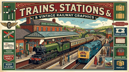 Historic railway station with vintage trains in USA and Netherlands, urban street and landscape view, architecture, rail tracks, city transport, sky and travel scene © Rizky
