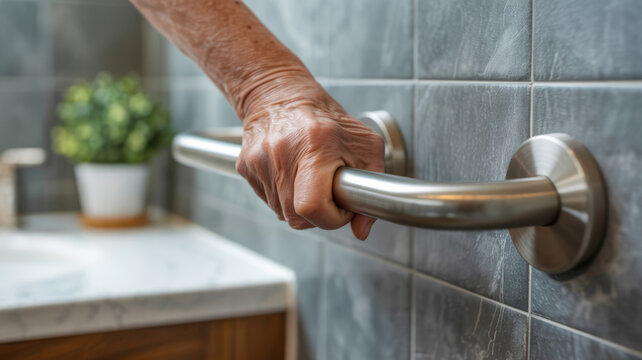 Elderly person's wrinkled hand grips metal grab bar for support in a tiled bathroom