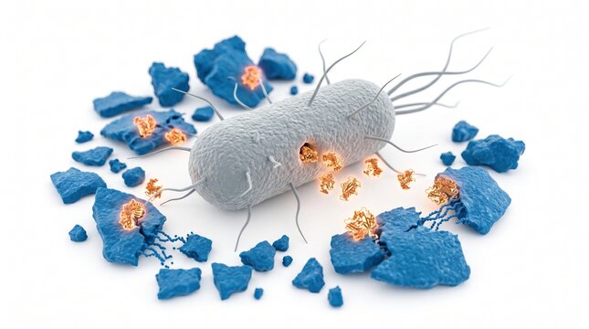 3D Microscopic Diagram of Engineered Bacteria Decomposing PET Microplastics
