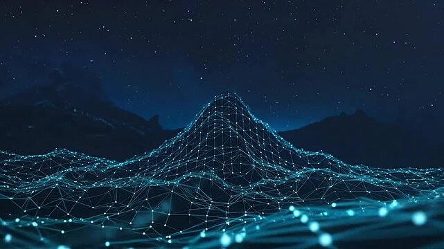 Digital blue plexus network forming a mountain landscape under a starry night sky