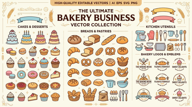 Set of vintage doodle vector food icons illustration for web design restaurant menu symbols coffee breakfast cake bread drink cute cartoon sketch collection pattern set