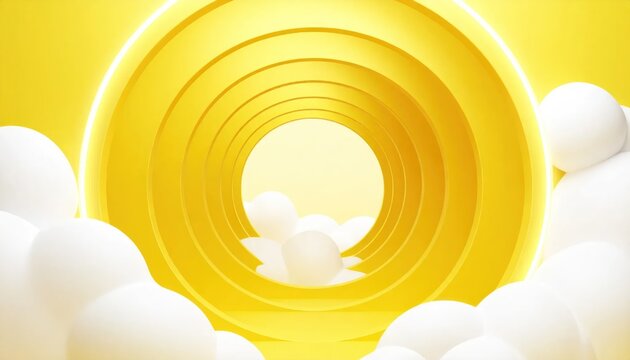 Abstract yellow 3D tunnel with white clouds background.