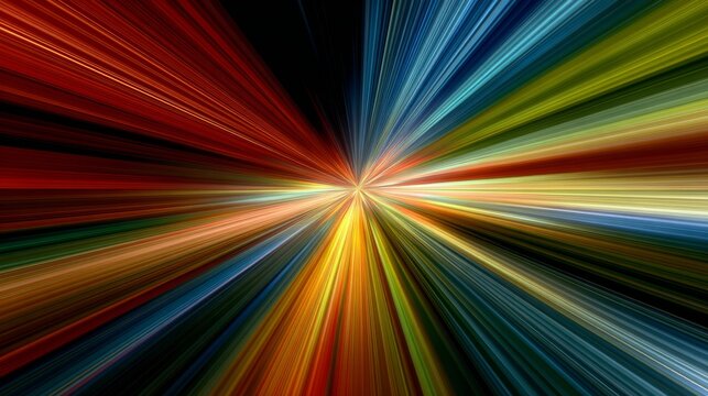 Abstract background featuring vibrant colorful rays with radiant light beams, dynamic spectrum gradient, glowing linear burst effect, modern geometric design, energetic rainbow illumination, vivid wal