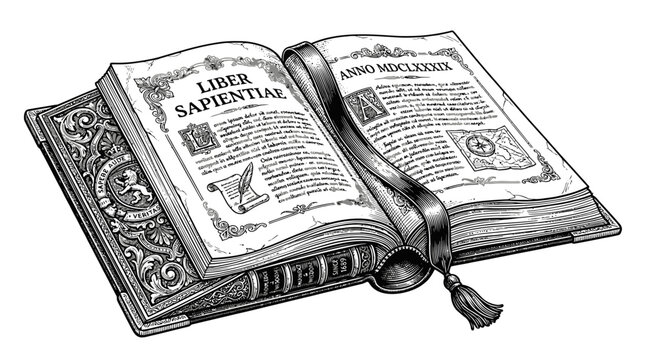 Ancient open book with ornate engravings and latin text