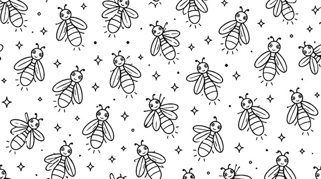 Black and white bee pattern design illustration.
